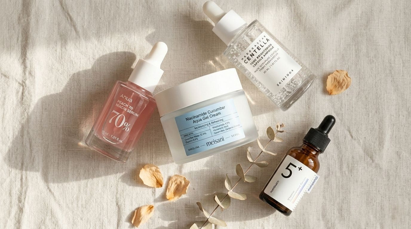 Prodotti per la pelle in esposizione, includendo creme e sieri, evidenziando Niacinamide: cos'è, cosa fa e i migliori prodotti.