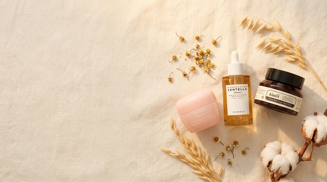 routine skincare primavera con prodotti per la cura della pelle su sfondo neutro