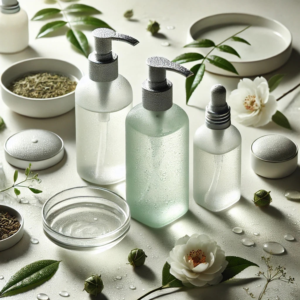 Immagine di prodotti skincare, tra cui tonico viso utilizzo e scelta, in un ambiente naturale con fiori e erbe.