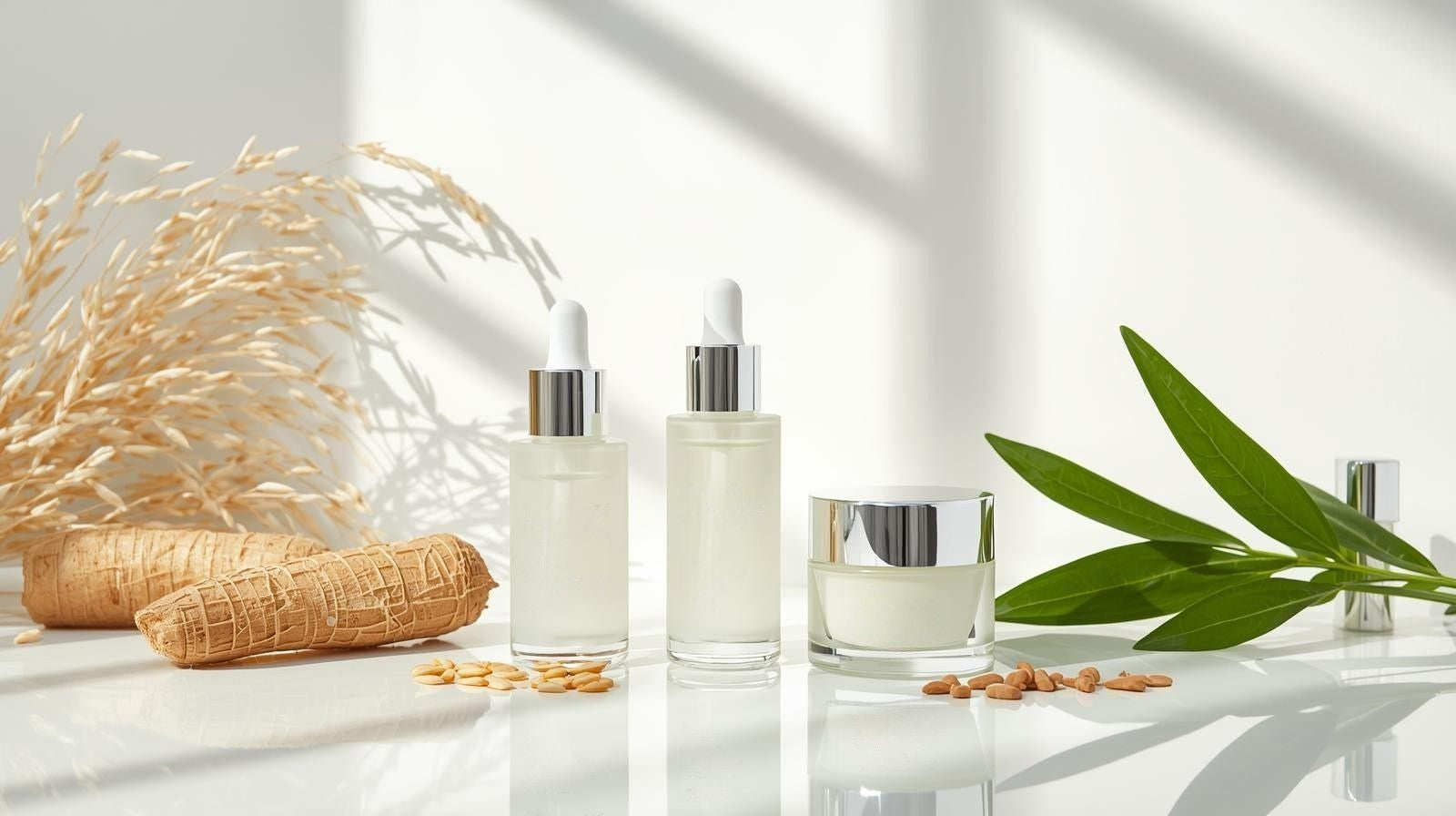 Prodotti di skincare e attivi antimacchie viso su tavolo bianco con erbe e luce naturale