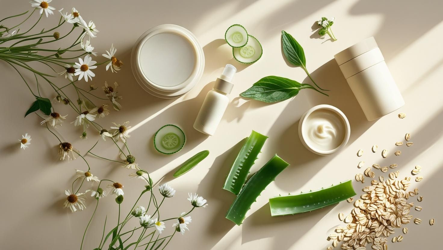 Skincare Pelle Sensibile: ingredienti naturali lenitivi come camomilla e aloe per una pelle calma e protetta.