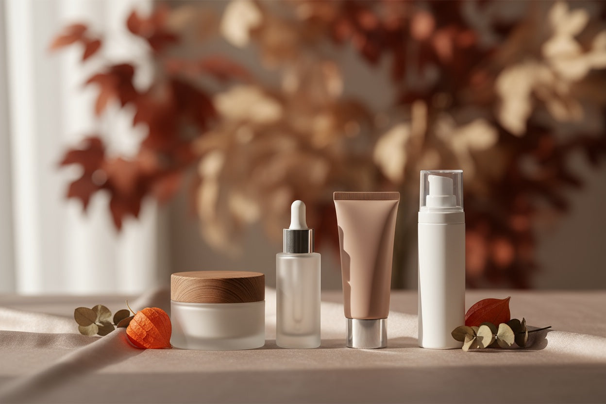 Prodotti per skincare autunnale su una tavola con foglie autunnali sullo sfondo.