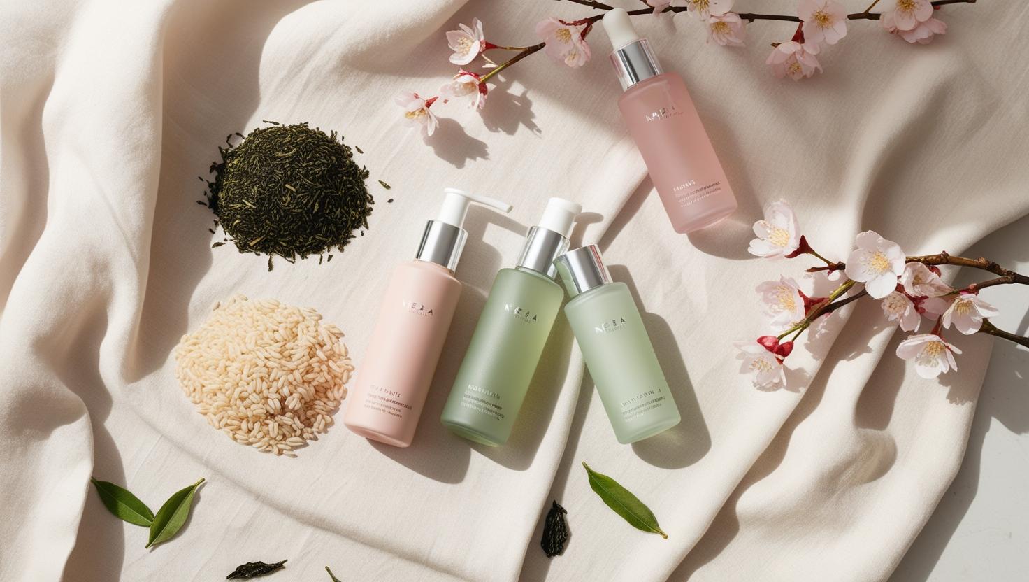 Differenze skincare coreana giapponese: prodotti di bellezza con ingredienti naturali come riso e tè verde.